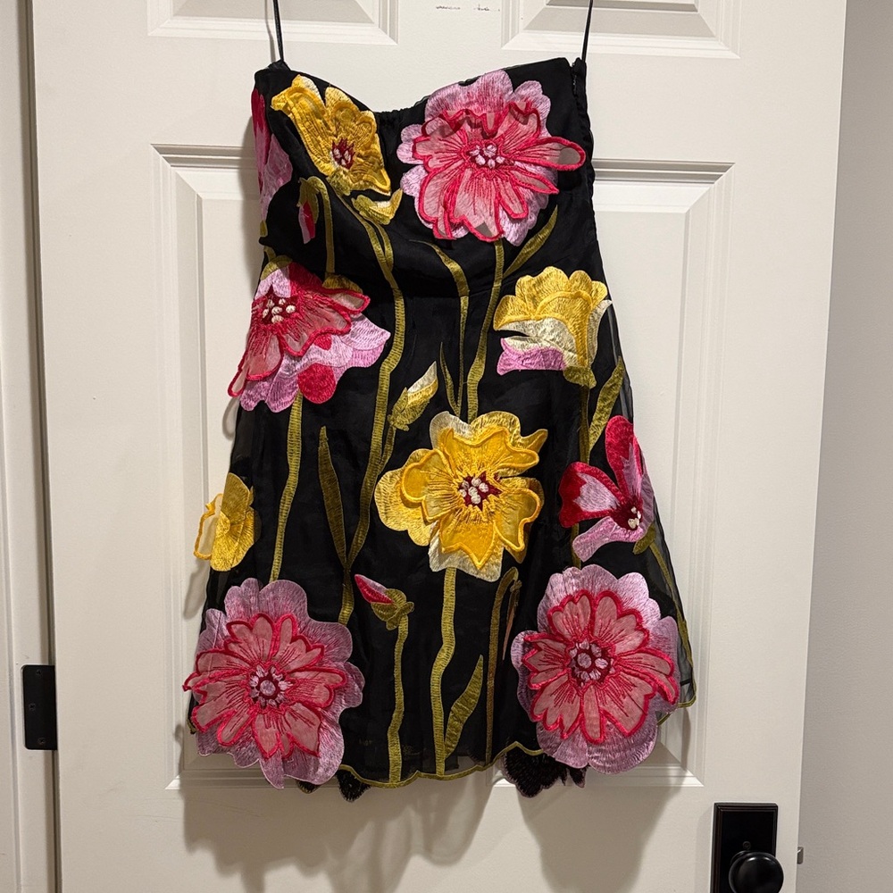 Anthropologie Black Floral Appliqué Mini Dress with Pink & Yellow Flowers